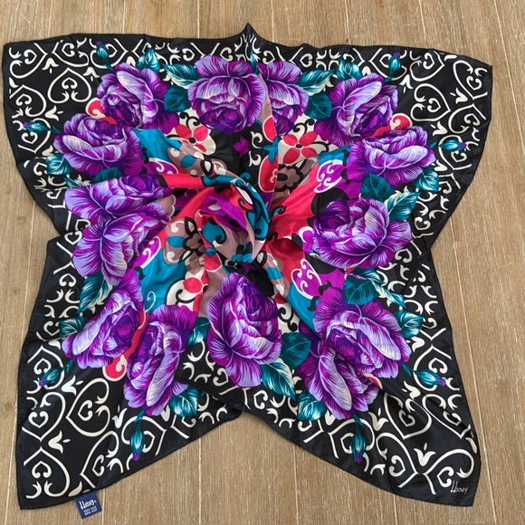 Honey Accessories - Honey Scarf, 100% Silk, 30x30 Vtg Purple Floral Print, Made in Japan. Signed